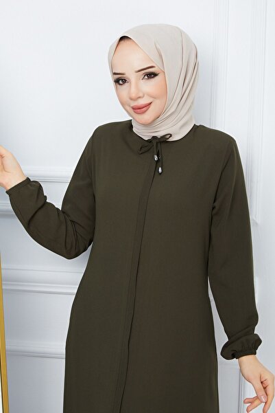 MODA ESRE FASHION Hijab Clothing Crepe Fabric Ferace Collar Lace-up Khaki Green