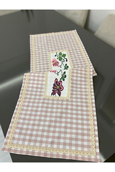 Parla Life Pembe Pötikare Kanaviçe İşlemeli Runner (özel ölçü yapılır / kanav...