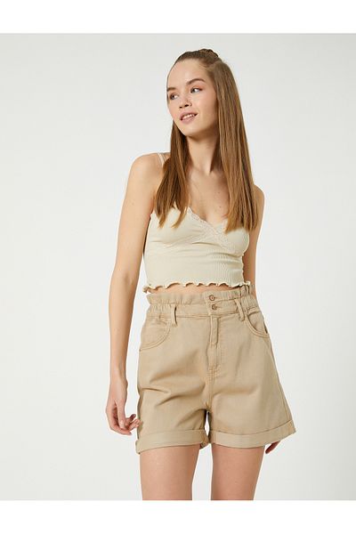 Koton Cotton High Waist Shorts - With Fold Detail And Elastic