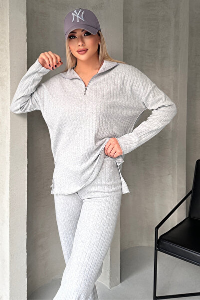 YILMAZ Women's Ribbed Neck Zippered Leg Slit Front Zippered Knitwear Set