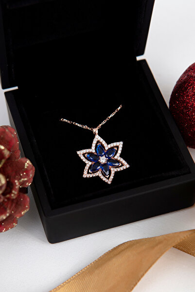 SARIASLAN Işıklı Kutuda Yeni Rose Zirkon Safir Taşlı Lotus Çiçeği Gümüş Kolye