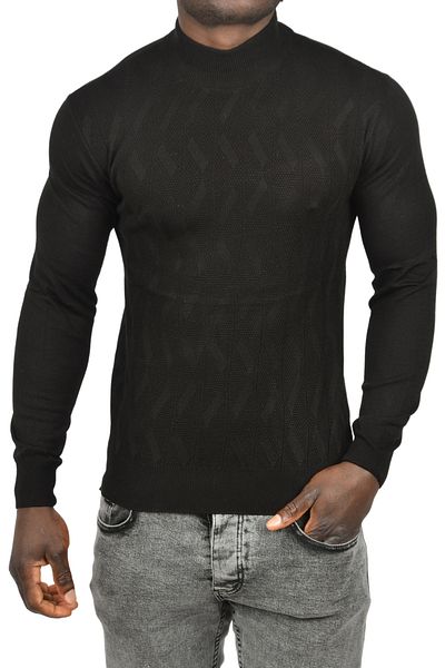 DeepSEA Мъжки черен пуловер с поло яка Slim Fit и шарки, трикотаж, 2505505