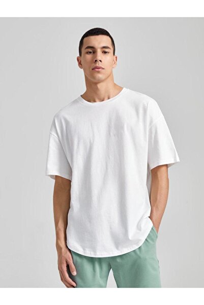 Butik Sade Beyaz Bisiklet Yaka Düz Kısa Kollu Erkek Tişört Oversize Unisex