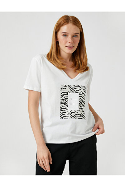 Koton Tricou cu mânecă scurtă cu decolteu in V imprimat cu text luminos