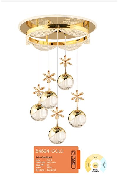 HMS TİCARET 64694-GOLD KUMANDALI DİMLİ ÜÇ 3 IŞIK RENKLİ LED AVİZE LED TAVAN LAMBASI