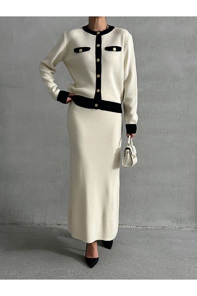 Lusin Women's Ecru Stylish Pocket Detailed Cardigan Skirt Bottom Top Double Knitwear Set
