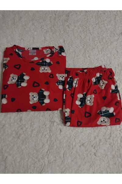 aryam butik Women's Crew Neck Long Sleeve Teddy Bear Valentines Day Pajamas Set