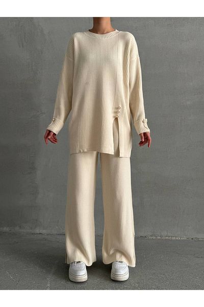 Lusin Women's Ribbed Button Detailed Sweater Blouse Pants Bottom Top Double Knitwear Set