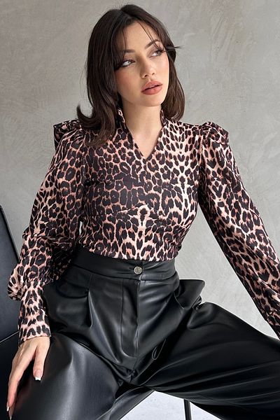 Fav Style Black Leopard Print - Bluză de damă cu mânecă lungă cu guler judecător