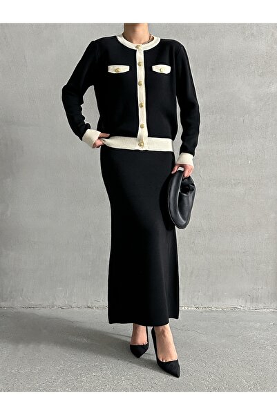 Lusin Women's Black Stylish Pocket Detailed Cardigan Skirt Bottom Top Double Knitwear Set