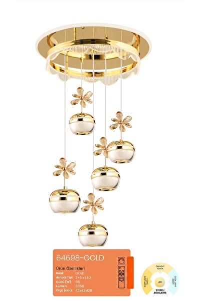 HMS TİCARET 64698-GOLD KUMANDALI DİMLİ ÜÇ 3 IŞIK RENKLİ LED AVİZE LED TAVAN L...