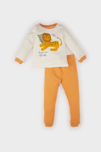 DeFacto Baby Boy Pajamas Set - Crew Neck, Lion Print, Long Sleeve, Elastic Waist, Long Bottom D7158A5