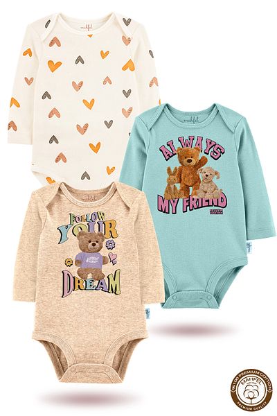 MAHFEL 100% Cotton 3-Piece Organic Printed Snap Fastener Baby Bodysuit