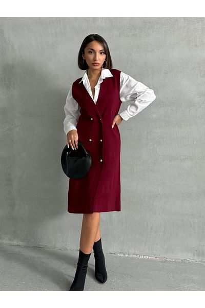 Lusin Cardigan din tricot premium roșu Claret - Palton lung pentru femei cu nasturi