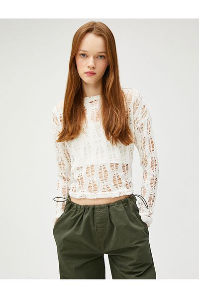 Koton Tričko s dlhým rukávom Mesh Crop Crew Neck Openwork