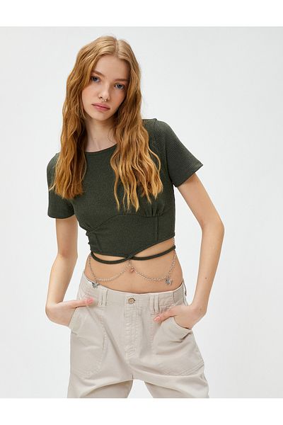 Koton Crop T-Shirt Short Sleeve Butterfly Chain And Corset Detailed Ribbed