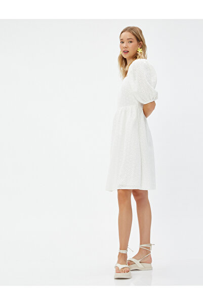 Koton Φόρεμα Scallop Mini Balloon μανίκι τετράγωνο βαμβακερό λαιμό