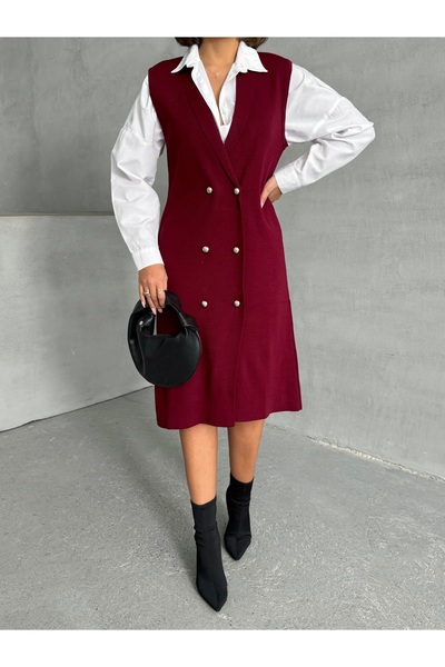 Lusin Burgundy Premium Knitwear Cardigan - Stylish Buttoned Long Women's Coat