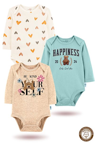 MAHFEL 100% Cotton 3-Piece Organic Printed Snap Fastener Baby Bodysuit