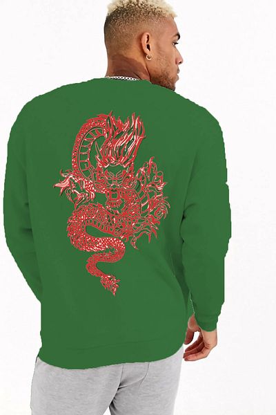 Pasage Trend Nice Oversize Front Dragon Printed Black Sweatshirt