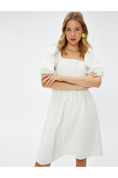 Koton Φόρεμα Scallop Mini Balloon μανίκι τετράγωνο βαμβακερό λαιμό