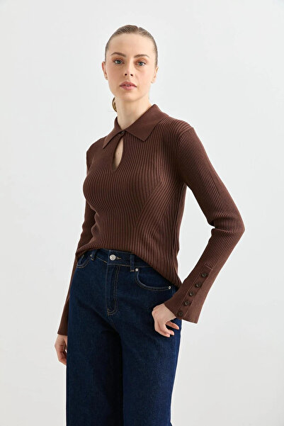 Dilvin Pulover din tricot cu nervuri cu nasturi cu gât polo