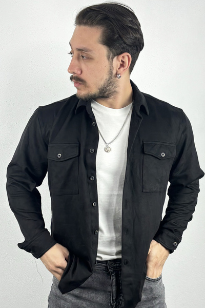 ARL Double Pocket Black Solid Suede Look Shirt
