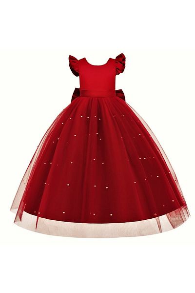 HSNLİFE Girl's Long Red Color Pearl Dress Birthday Graduation Dress