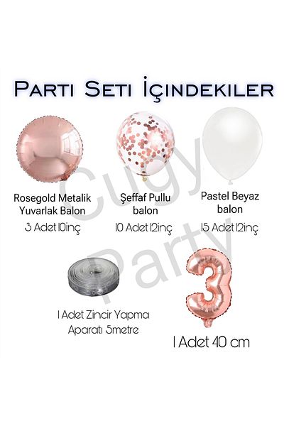 CUGY Natural White Rosegold Color Themed 3 Year Old Number Birthday Decoration Party Set