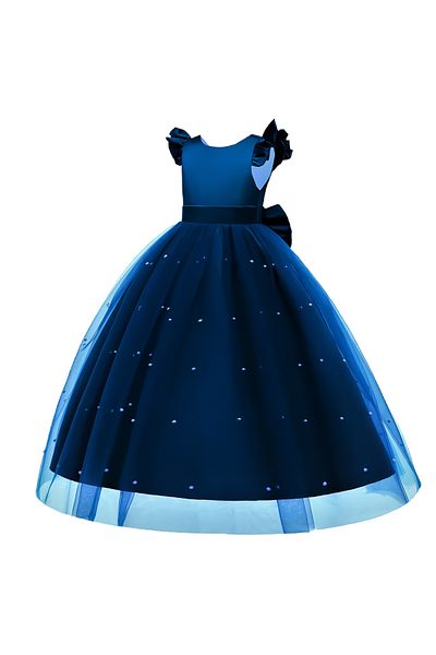 HSNLİFE Girl's Long Navy Blue Color Pearl Dress Birthday Graduation Dress