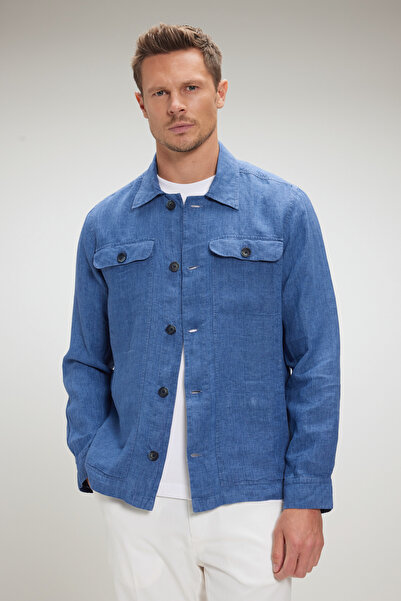 BROOKS BROTHERS Erkek Mavi %100 Keten Overshirt İnce Ceket