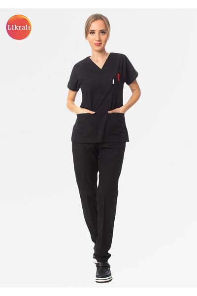 Simirna Üniforma Set de scrubs din țesătură neagră premium Lycra Chirurgical Doctor Nurse Jersey