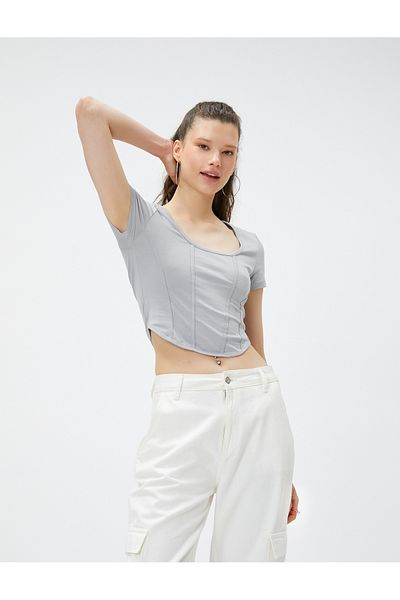 Koton Crop T-Shirt Cotton Round Neck Ribbed Short Sleeve