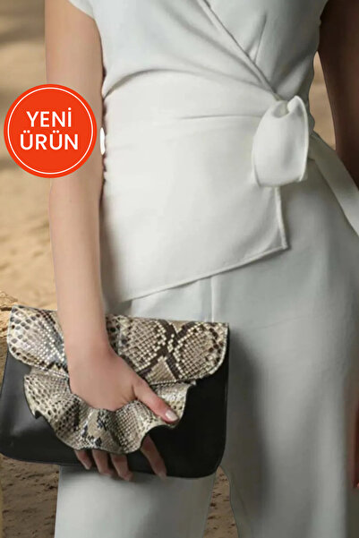 pınarturhan Kadın Siyah Yılan Derisi El Yapımı Peblum Portföy & Clutch Çanta