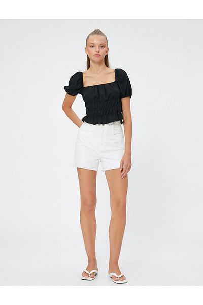 Koton Balloon Sleeve T-Shirt Square Neck Ruffle Textured
