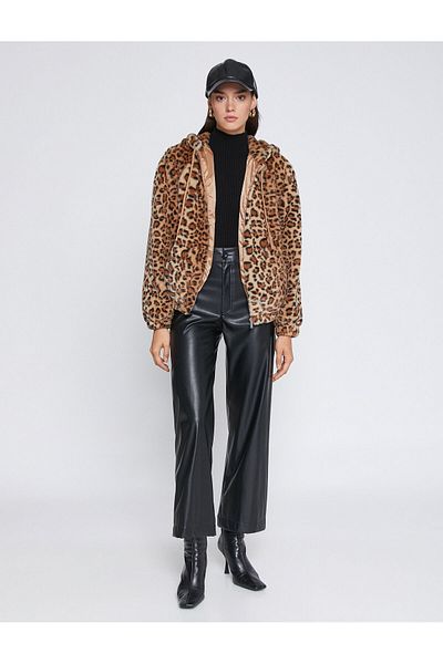 Koton Leopard Patterned Plush Jacket Hooded