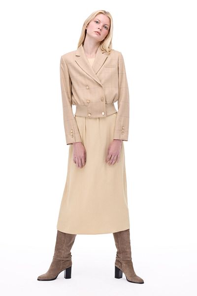Perspective Untimely Regular Fit Herringbone Patterned Fake Sleeve Buff Color Women's Jacket