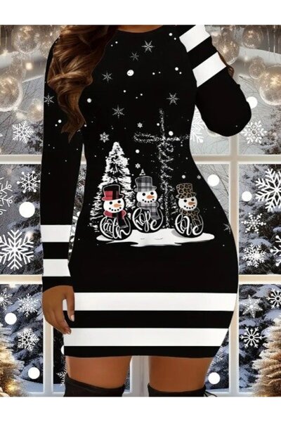oniks store Women's Long Sleeve Crew Neck Snowman Print Diver Christmas Dress