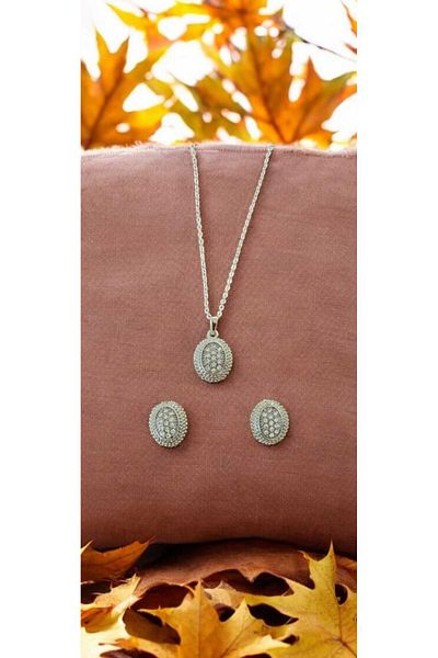 KYOLA DESİGN Minimalist Stone Necklace Earrings Set Silver Color