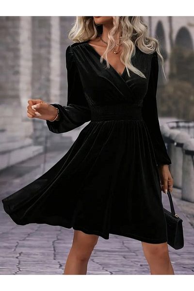 İpeksi Silky Women's Long Sleeve Double Breasted Collar Elastic Waist Kilos Velvet Dress