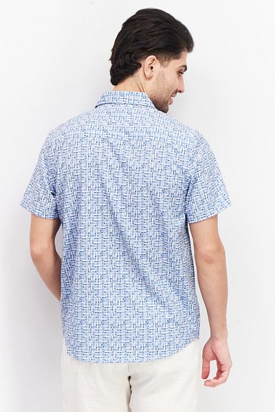Kenneth Cole Men Regular Fit Abstract Pattern Short Sleeve Casual Shirt, Blue