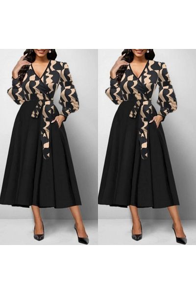 Inf Women's Long Sleeve Double Breasted Collar Plunging Crepe Midi Dress