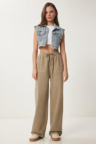 Lovelyİstanbul Soluk Efektli Geniş Paça Denim Palazzo Pantolon KİL YEŞİLİ LMX...