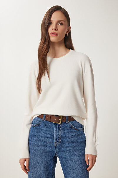Lovelyİstanbul Pulover din tricotaj cu guler rotund - CREAM LUS0062
