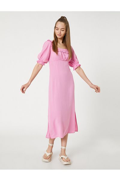 Koton Φόρεμα Viscose Midi Slit με μανίκια από λινό μπαλόνι