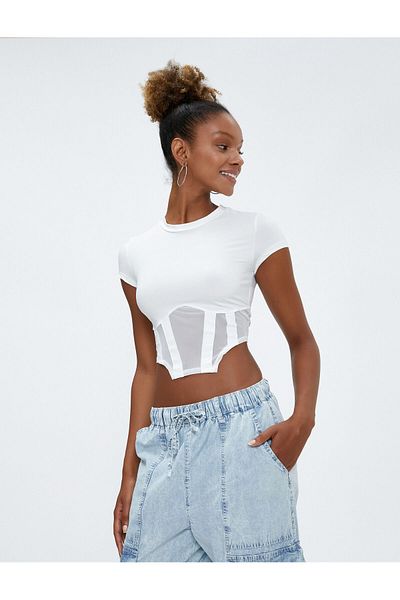 Koton Crop T-Shirt Crew Neck Slim Fit Corset Look