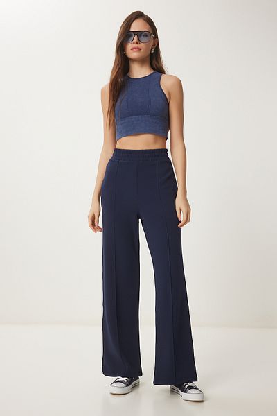 Lovelyİstanbul Wide Leg Comfortable Knitted Trousers Dark Blue Lrv0092