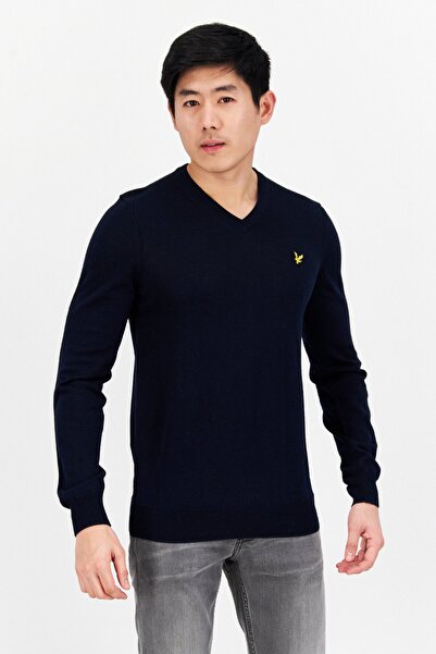 Lyle & Scott سترة رجالية محبوكة بأكمام طويلة ورقبة على شكل حرف V، لون أزرق داكن
