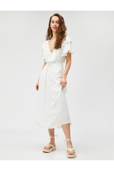 Koton Μακρύ φόρεμα βισκόζης με βολάν με λαιμόκοψη