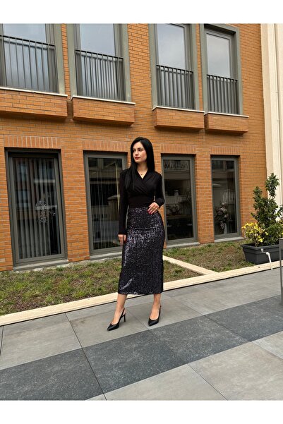 TUĞÇE ÖZER BUTİK Payetli Midi Etek Yüksel Bel Fermuarlı Pullu Etek